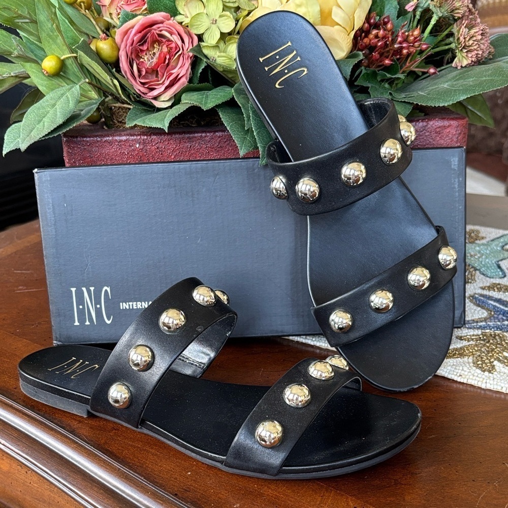 INC Galli Ball-Stud Slide Sandals Black Double Strap Shiny Gold Tone Studded